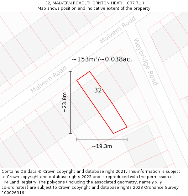 32, MALVERN ROAD, THORNTON HEATH, CR7 7LH: Plot and title map