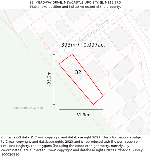 32, MEADWAY DRIVE, NEWCASTLE UPON TYNE, NE12 9RQ: Plot and title map