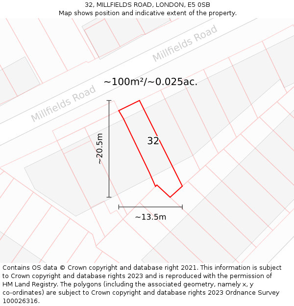 32, MILLFIELDS ROAD, LONDON, E5 0SB: Plot and title map