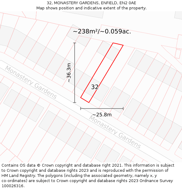 32, MONASTERY GARDENS, ENFIELD, EN2 0AE: Plot and title map