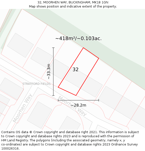 32, MOORHEN WAY, BUCKINGHAM, MK18 1GN: Plot and title map