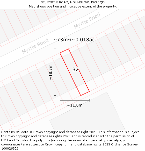 32, MYRTLE ROAD, HOUNSLOW, TW3 1QD: Plot and title map
