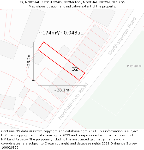 32, NORTHALLERTON ROAD, BROMPTON, NORTHALLERTON, DL6 2QN: Plot and title map