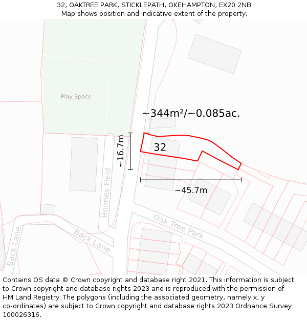 32, OAKTREE PARK, STICKLEPATH, OKEHAMPTON, EX20 2NB: Plot and title map