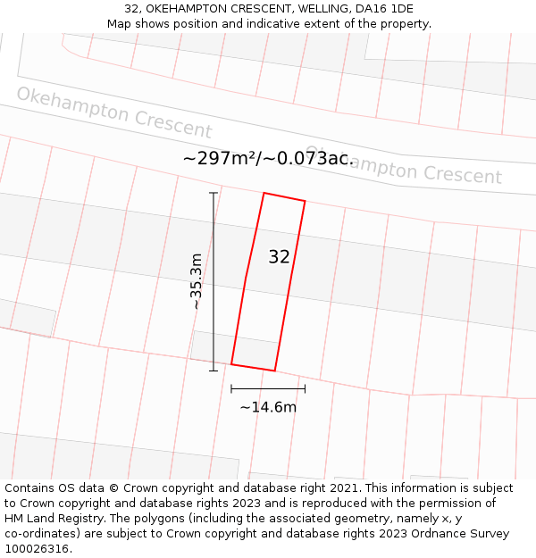 32, OKEHAMPTON CRESCENT, WELLING, DA16 1DE: Plot and title map