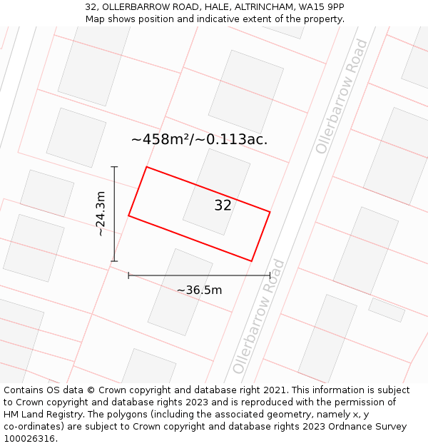 32, OLLERBARROW ROAD, HALE, ALTRINCHAM, WA15 9PP: Plot and title map