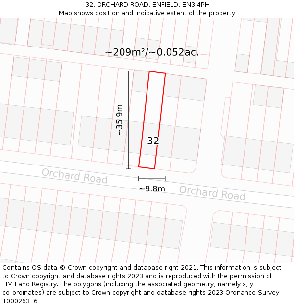 32, ORCHARD ROAD, ENFIELD, EN3 4PH: Plot and title map