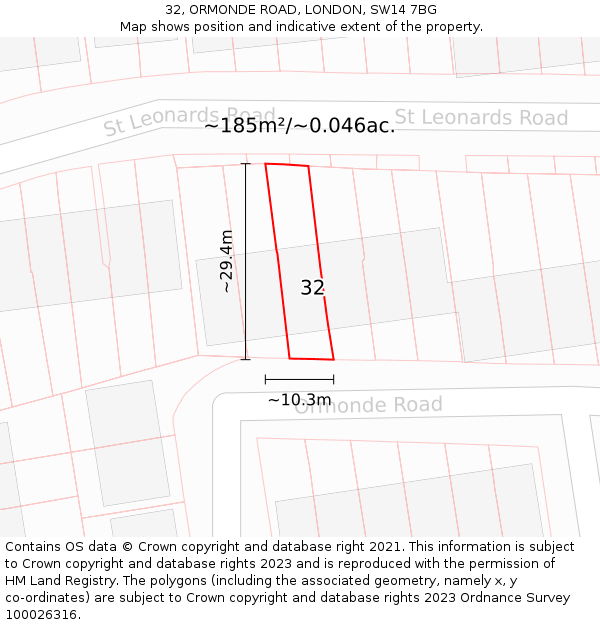 32, ORMONDE ROAD, LONDON, SW14 7BG: Plot and title map