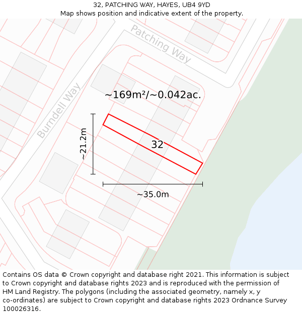 32, PATCHING WAY, HAYES, UB4 9YD: Plot and title map