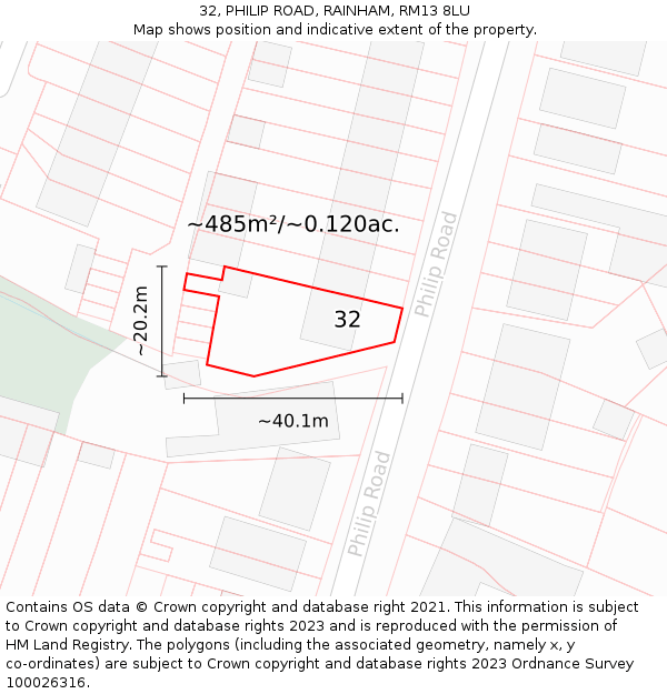 32, PHILIP ROAD, RAINHAM, RM13 8LU: Plot and title map