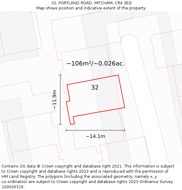 32, PORTLAND ROAD, MITCHAM, CR4 3EQ: Plot and title map