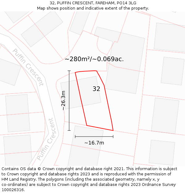 32, PUFFIN CRESCENT, FAREHAM, PO14 3LG: Plot and title map