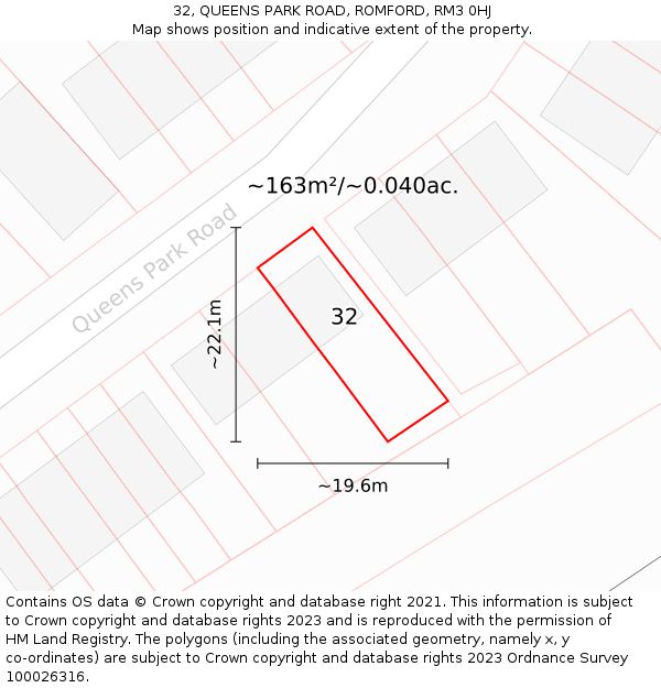 32, QUEENS PARK ROAD, ROMFORD, RM3 0HJ: Plot and title map