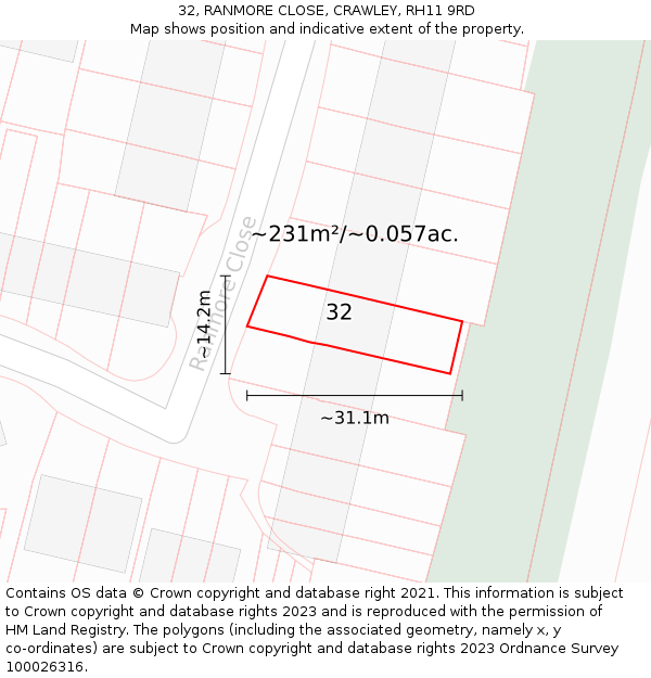 32, RANMORE CLOSE, CRAWLEY, RH11 9RD: Plot and title map
