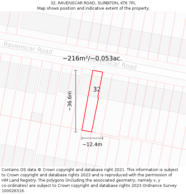 32, RAVENSCAR ROAD, SURBITON, KT6 7PL: Plot and title map