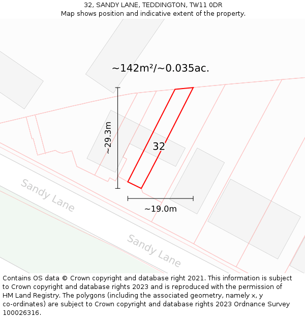 32, SANDY LANE, TEDDINGTON, TW11 0DR: Plot and title map