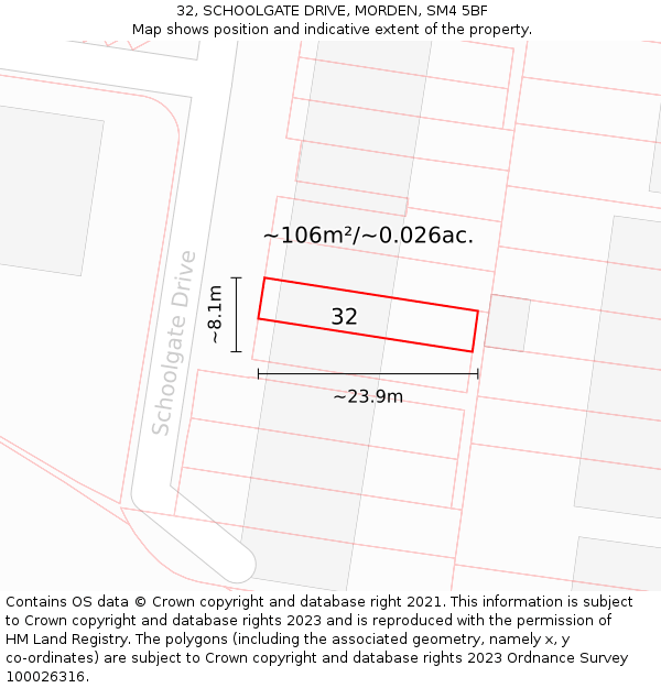 32, SCHOOLGATE DRIVE, MORDEN, SM4 5BF: Plot and title map