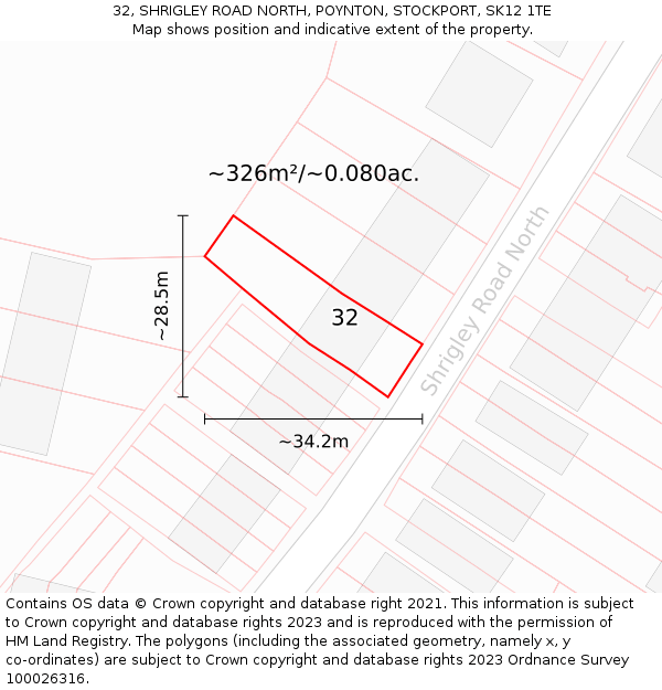 32, SHRIGLEY ROAD NORTH, POYNTON, STOCKPORT, SK12 1TE: Plot and title map