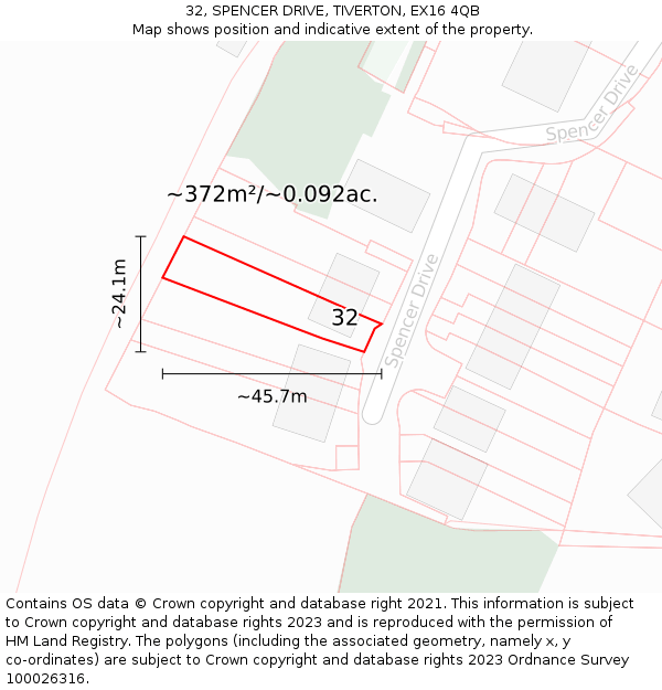 32, SPENCER DRIVE, TIVERTON, EX16 4QB: Plot and title map