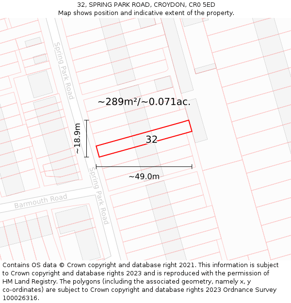 32, SPRING PARK ROAD, CROYDON, CR0 5ED: Plot and title map