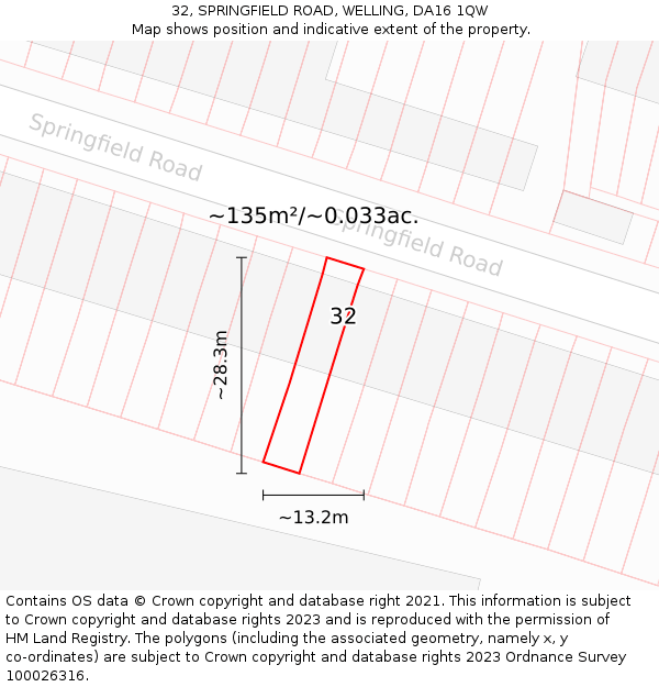 32, SPRINGFIELD ROAD, WELLING, DA16 1QW: Plot and title map