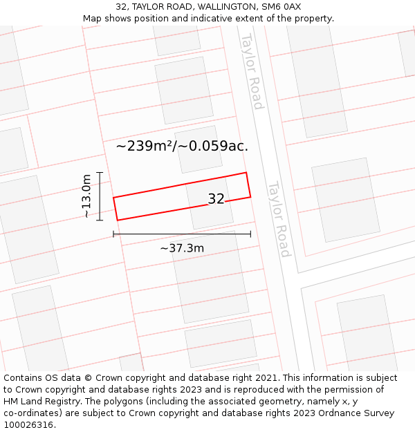 32, TAYLOR ROAD, WALLINGTON, SM6 0AX: Plot and title map