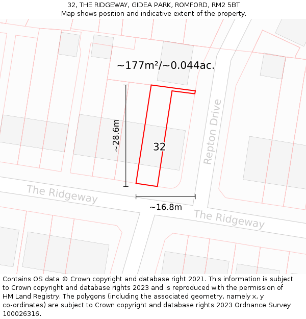 32, THE RIDGEWAY, GIDEA PARK, ROMFORD, RM2 5BT: Plot and title map