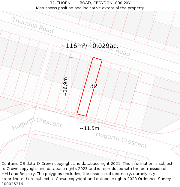 32, THORNHILL ROAD, CROYDON, CR0 2XY: Plot and title map