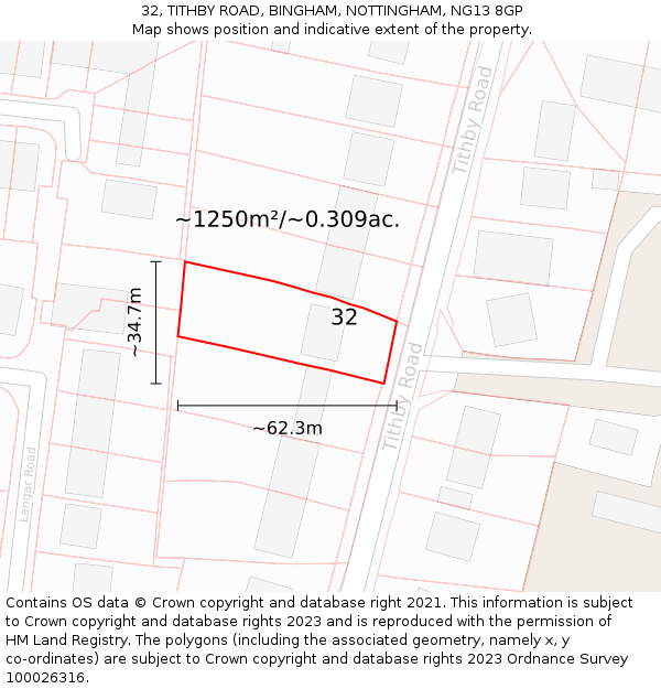 32, TITHBY ROAD, BINGHAM, NOTTINGHAM, NG13 8GP: Plot and title map