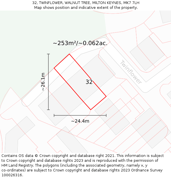 32, TWINFLOWER, WALNUT TREE, MILTON KEYNES, MK7 7LH: Plot and title map
