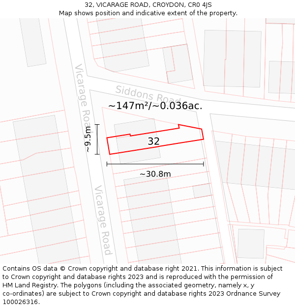 32, VICARAGE ROAD, CROYDON, CR0 4JS: Plot and title map