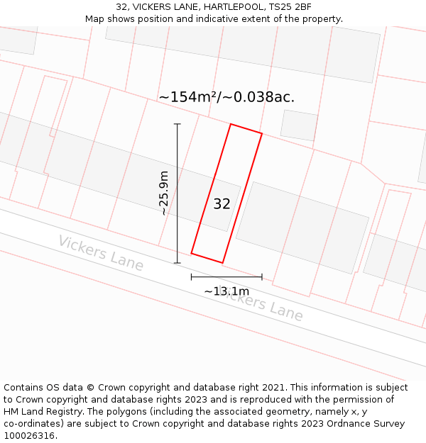 32, VICKERS LANE, HARTLEPOOL, TS25 2BF: Plot and title map