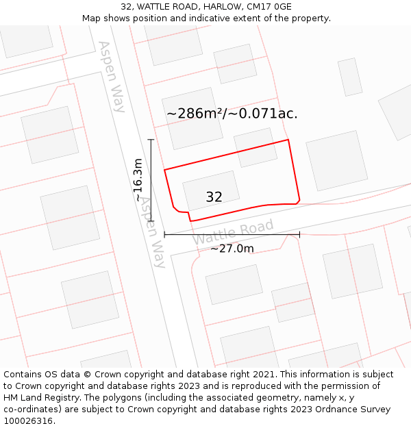 32, WATTLE ROAD, HARLOW, CM17 0GE: Plot and title map