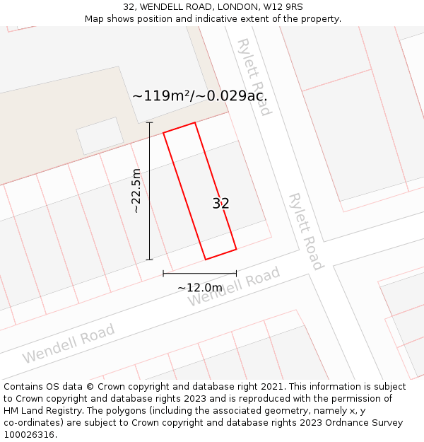 32, WENDELL ROAD, LONDON, W12 9RS: Plot and title map