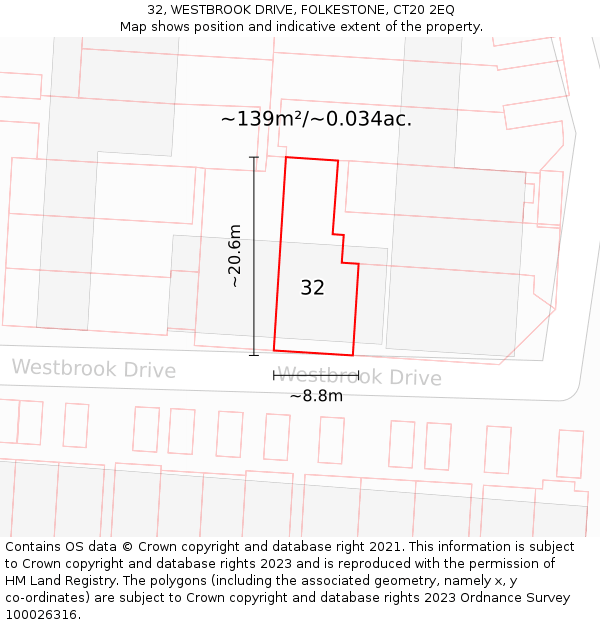 32, WESTBROOK DRIVE, FOLKESTONE, CT20 2EQ: Plot and title map