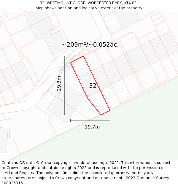 32, WESTMOUNT CLOSE, WORCESTER PARK, KT4 8FL: Plot and title map