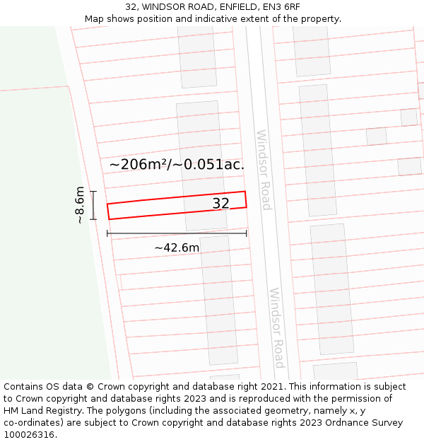 32, WINDSOR ROAD, ENFIELD, EN3 6RF: Plot and title map