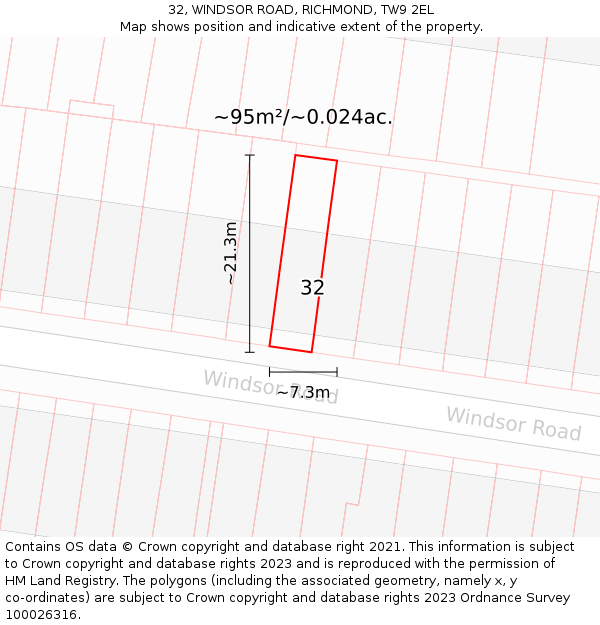 32, WINDSOR ROAD, RICHMOND, TW9 2EL: Plot and title map