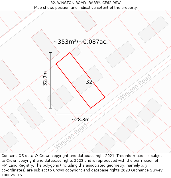 32, WINSTON ROAD, BARRY, CF62 9SW: Plot and title map