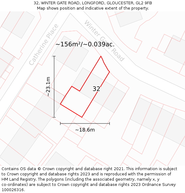 32, WINTER GATE ROAD, LONGFORD, GLOUCESTER, GL2 9FB: Plot and title map