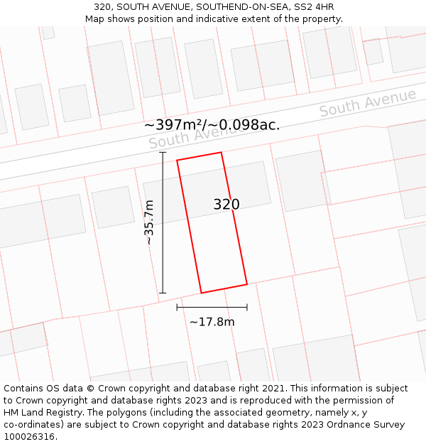 320, SOUTH AVENUE, SOUTHEND-ON-SEA, SS2 4HR: Plot and title map
