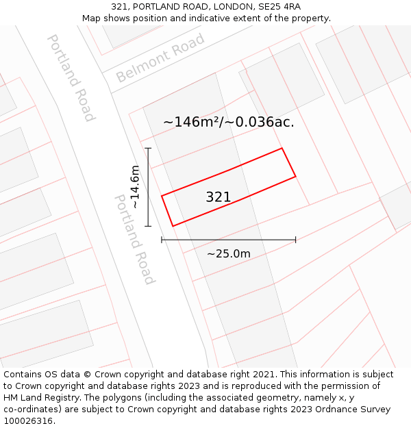 321, PORTLAND ROAD, LONDON, SE25 4RA: Plot and title map