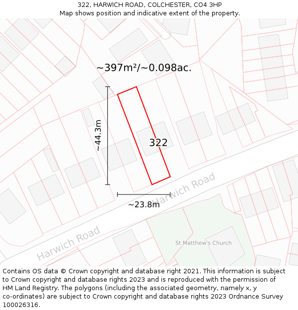 322, HARWICH ROAD, COLCHESTER, CO4 3HP: Plot and title map