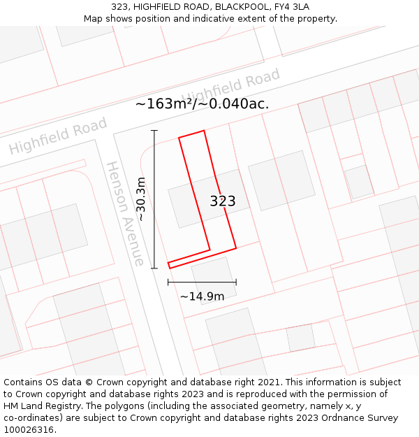 323, HIGHFIELD ROAD, BLACKPOOL, FY4 3LA: Plot and title map