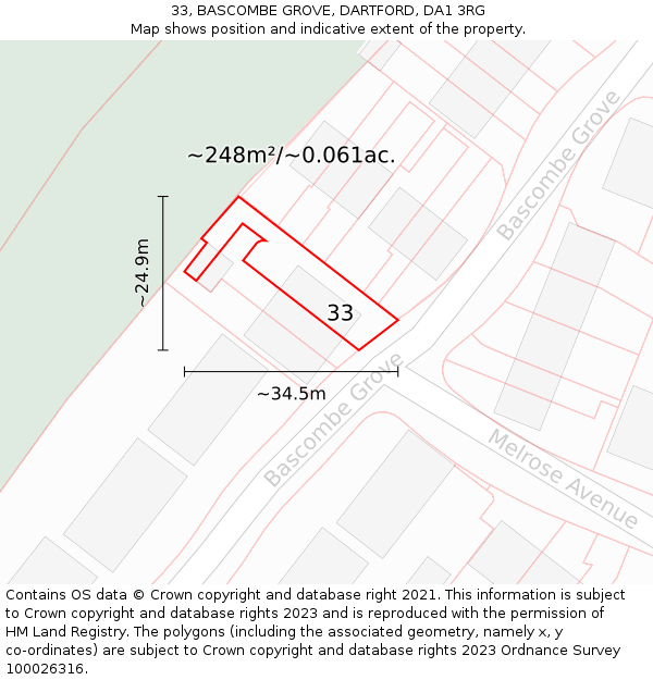 33, BASCOMBE GROVE, DARTFORD, DA1 3RG: Plot and title map