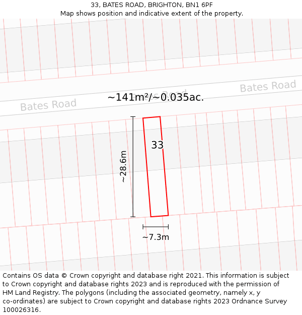 33, BATES ROAD, BRIGHTON, BN1 6PF: Plot and title map