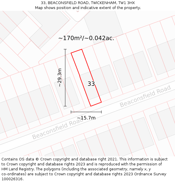 33, BEACONSFIELD ROAD, TWICKENHAM, TW1 3HX: Plot and title map