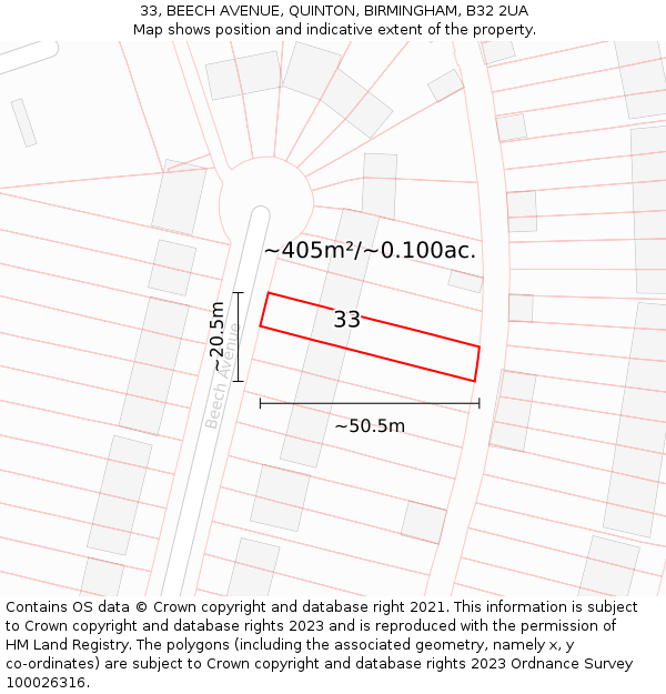33, BEECH AVENUE, QUINTON, BIRMINGHAM, B32 2UA: Plot and title map