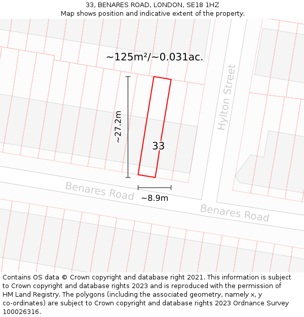 33, BENARES ROAD, LONDON, SE18 1HZ: Plot and title map