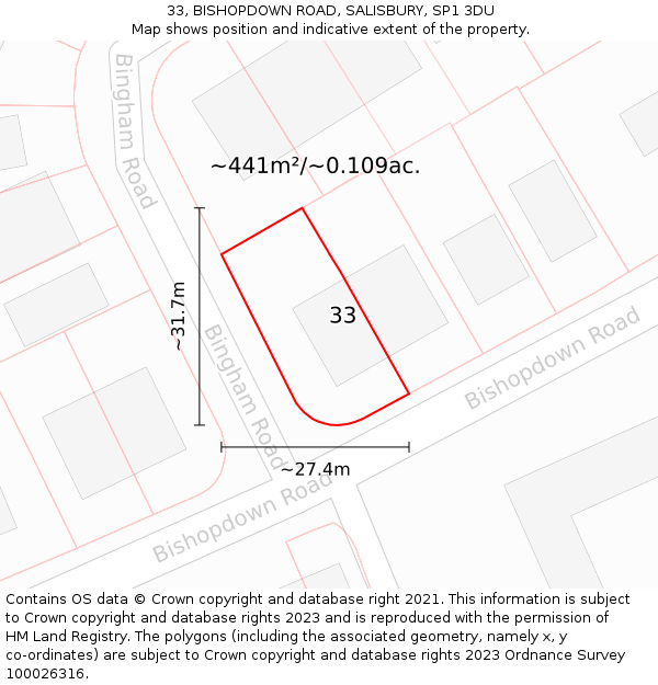 33, BISHOPDOWN ROAD, SALISBURY, SP1 3DU: Plot and title map
